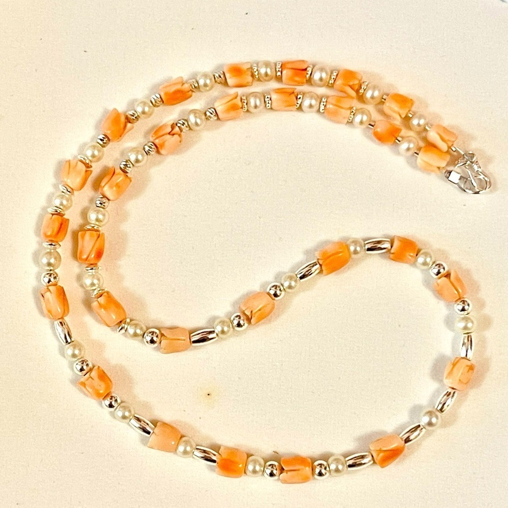 Southwest Sterling Silver Pearl Natural Carved Coral Bench Beads Necklace 18”